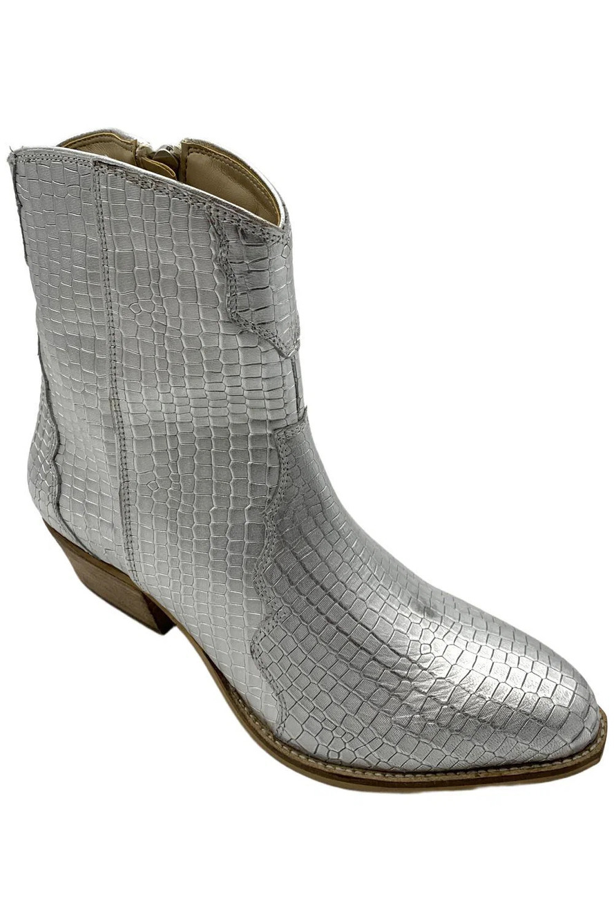 Masseys Women's Priscilla Western Block Ankle Boot Silver/Crocodile - Wide